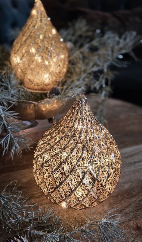 Dråpe glass led gull glitter stor