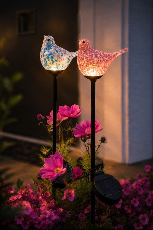 Blomsterpinne glassfugl blå solar